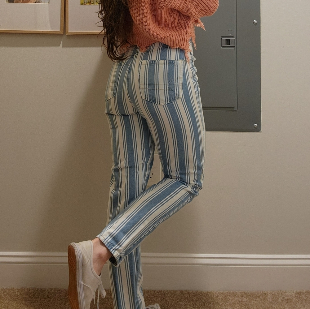Blue and White Vertical Striped Jeans